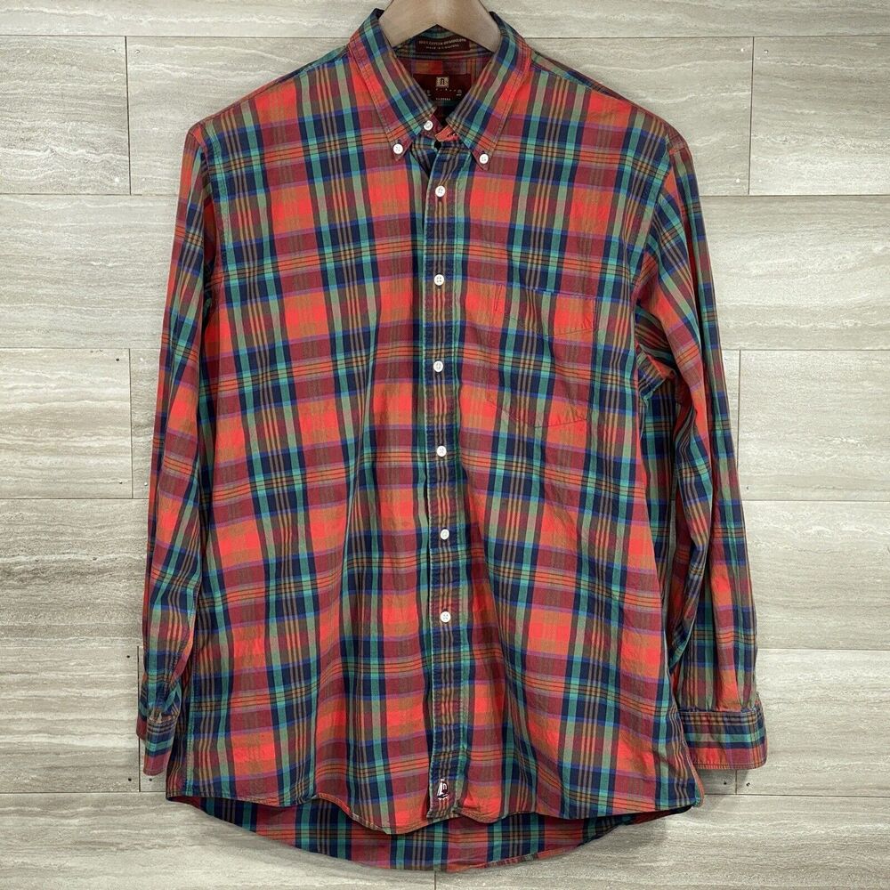 Nordstrom Button Down Shirt Mens 17 35 Red Green Plaid Classic Long Sleeve EUC